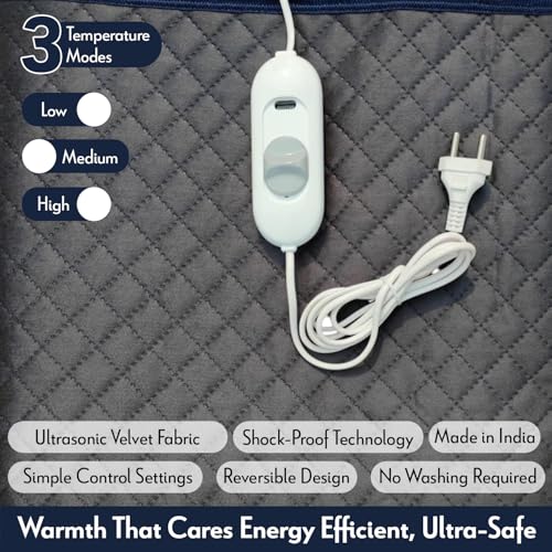 Image of Tapish Electric Blanket Ultrasonic Fabric - Single Bed Warmer - Shock Proof (5 Years Warranty on Remote, Ultrasonic Velvet Fabric, Grey, 30x60 inches, Reversible)