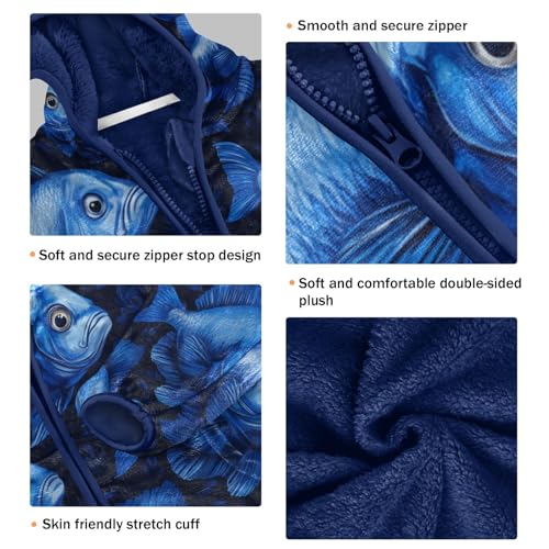 Blue Fish Pattern Toddler Fleece Jacket Girl Boys Hooded Fleece Jacket Coat Warm Outwear Zip-up 3-10T3
