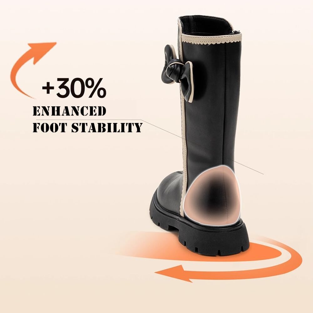 Girls Knee High Boots Leather Tall Winter Riding Boots with Back Zipper Faux Fur Ball Decorations Comfortable Round Toe Fashion Combat Boots for Little Kid/Big Kid