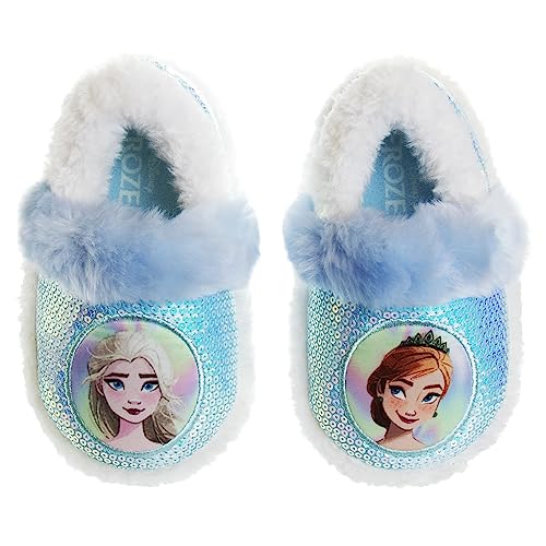 Disney Frozen 2 Elsa and Anna Girls Slippers - Plush Non-Slip Comfy Fluffy Lightweight Warm Comfort Soft Aline Indoor House Slippers - Blue White (Toddler 5-6)