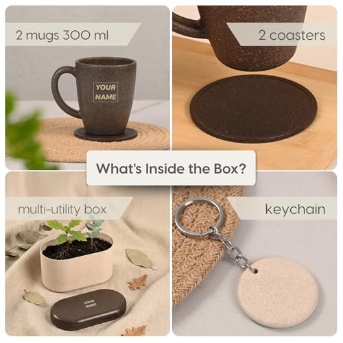 Image of Eha Earth Friendly Customised Coffee Mugs and Coasters Set of 2 with Loopac, 300 ml | Made with Rice Husk Biocomposite | Personalized Gifts for Friends and Family | Coffee