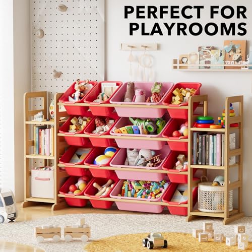 Image of SpaceAid Toy Storage Organizer with 6 Shelves and 16 Bins, Toy Organizers Storage Bookshelf, Kids Bin Shelf Toys Box Bookcase for Bedroom Playroom Organization Room Decor, Red and Pink