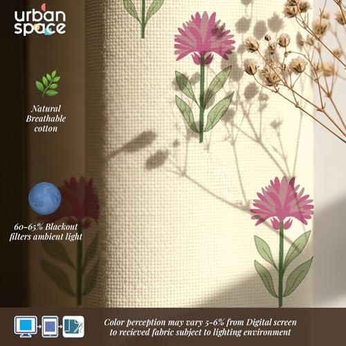 Image of Urban Space 100% Cotton Floral Curtains 7 feet Long Set of 2, 60-65% Room Darkening, Decorative Curtains with Eyelets /Rings for Hanging, Tieback Included (Aster Pink, Door - 7 Feet)