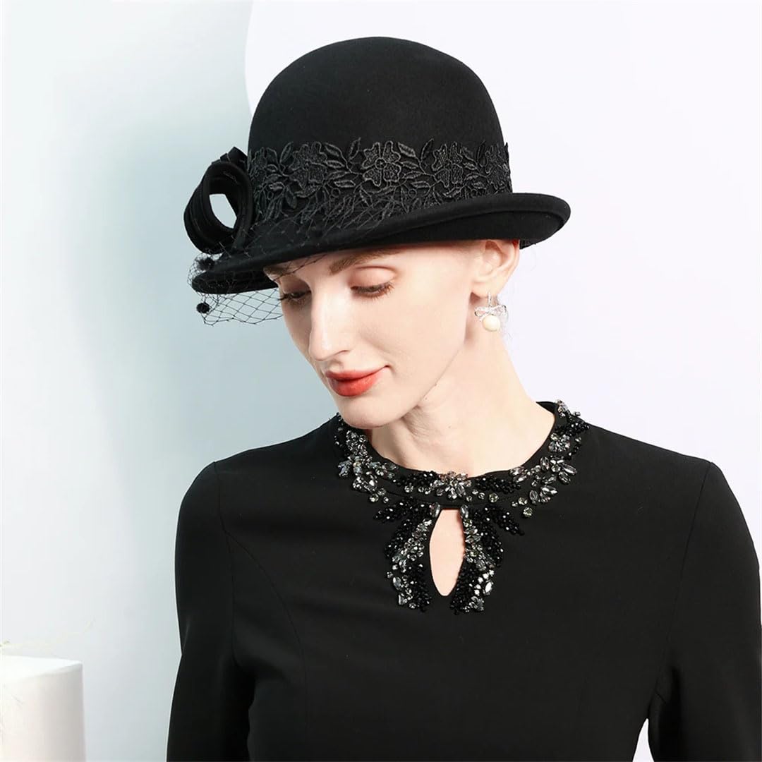 Wvapzxx Elegante cappello a bombetta per le donne inverno feltro di lana Fedora con velo pizzo fiore chiesa matrimonio formale cappello