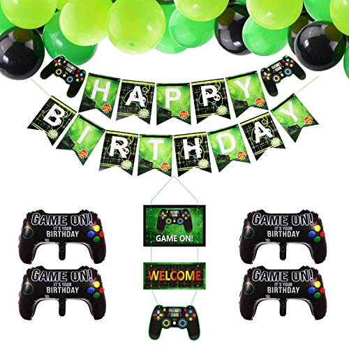 Video Game Party Supplies Happy Birthday Gaming Banner, 4 Pcs Game Controller Balloons, Game ON Welcome Hanging Sign, Latex Balloon, Birthday Decorations for Kids and Boys Birthday Party