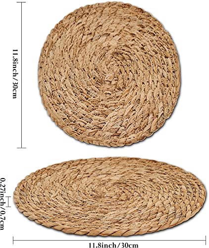 Image of Defined Deco Woven Placemats Set of 4,12 inch Round Rattan Placemats,Natural Hand-Woven Water Hyacinth Placemats,Farmhouse Weave Place Mats,Rustic Braided Wicker Table Mats for Dining Table,Home,Wedding.