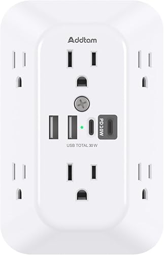 Addtam Extensor de salida de protección contra sobretensiones, divisor de 6 salidas con 4 cargadores de pared USB (PD 30 W), enchufe múltiple de