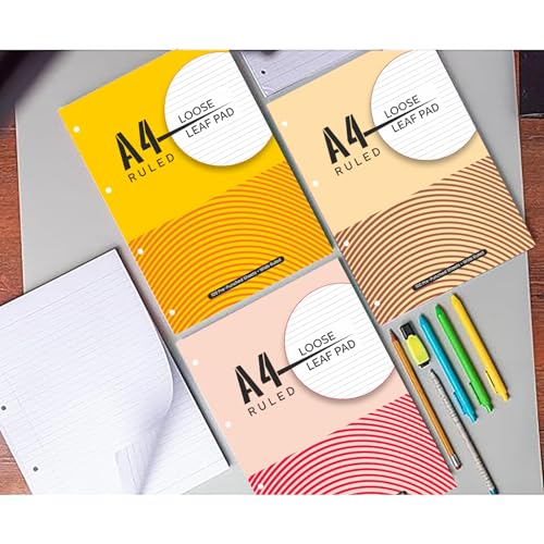 Image of amazon basics A4 Loose Leaf Report Pad | Ruled | Pre Punched for Easy Filing | Tear Off Sheets | Multi-Colored Cover | Pack of 3 (100 Sheets Each)