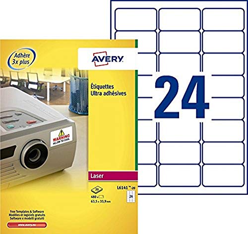 Étiquettes Ultra-Adhésives AVERY 480 Pièces Polyester Format Laser 63x33