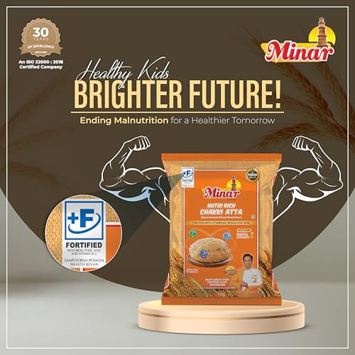 Image of Minar Nutri Rich Fortified Whole Wheat Chakki Atta 10 Kg | Enriched with Iron, Folic Acid & Vitamin B12 | 100% Whole Wheat | Zero Maida | Soft & Fluffy Rotis