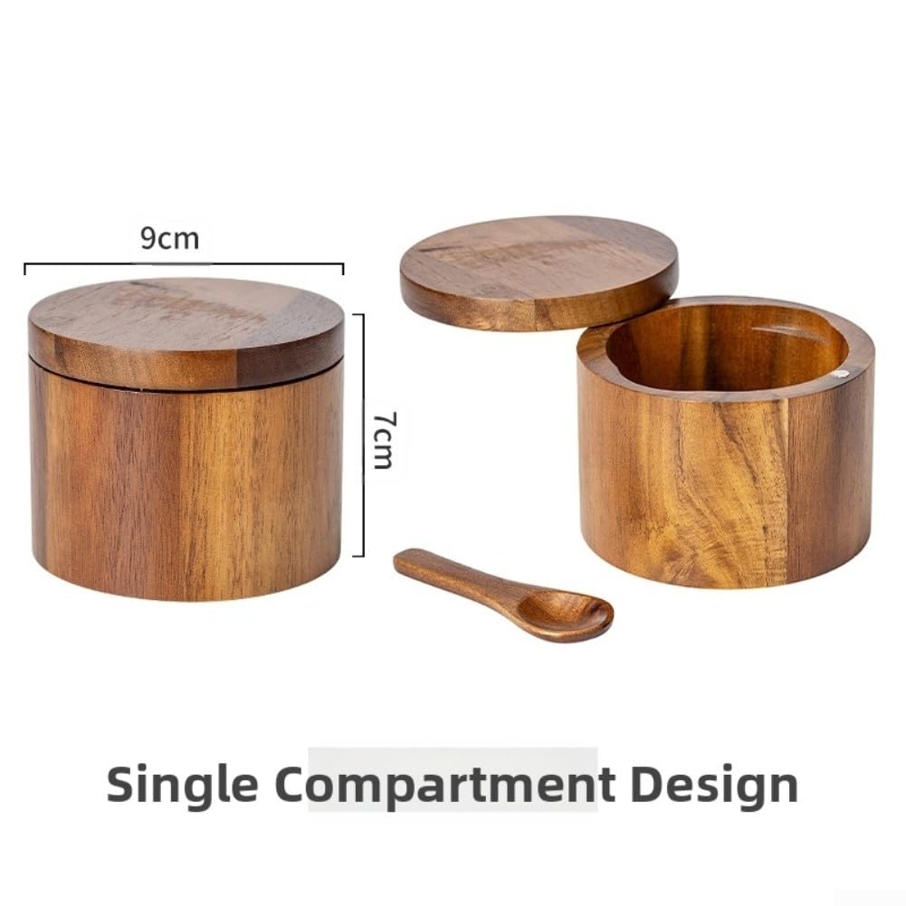 Salière en bois d'acacia avec couvercle rotatif, boîtier de cuillère et dimensions intérieures optimisées pour le débit (marron)