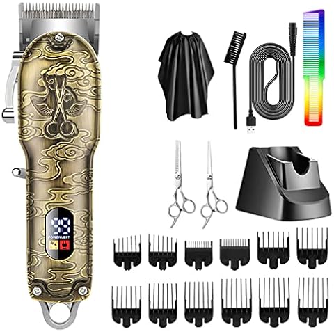 Men Hair Clippers Beard Trimmer, Retro Electric Cordless Barber Hair Cutting Machine Beard Trimmer USB, Rechargeable Hair Trimmer with LED Display Multi-Functional Hair Clipper with 12 Guided Combs Cover