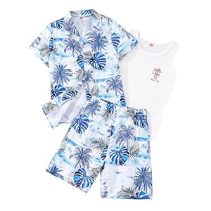 FERWANG Kids Boys 3Pcs Shorts Sets Hawaiian Outfit Leaves Floral Summer Short Sleeve Shirt Top with Vest+shorts Suits