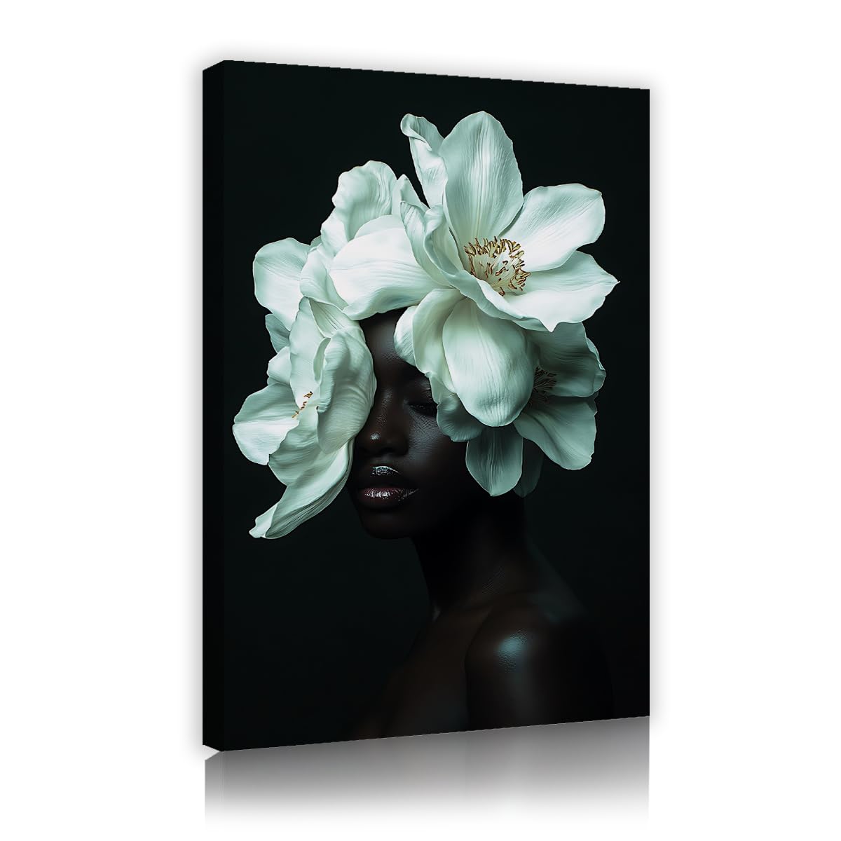 CHERHERART Modern Elegant Portrait Floral Canvas Wall Art Print Poster Woman White Flowers Canvas Picture Artwork for Bedroom Coffee Home 45x70cm Innerframe