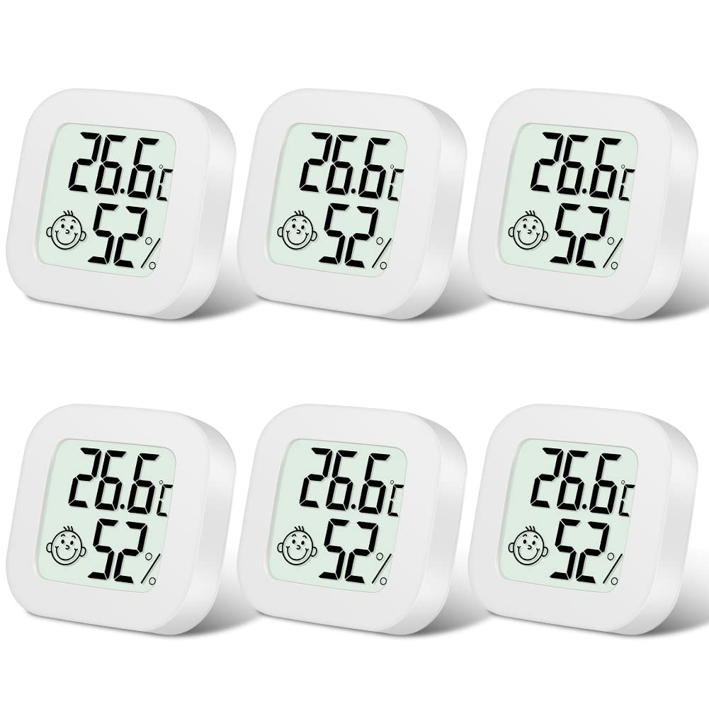 flintronic 6pcs Room Thermometer Hygrometer Indoor, Mini Digital Temperature Humidity Meter Gauge, Accurate Hygrometer with Clear LCD Display and Face Icons for Home Baby,Office,Garden(with Battery)