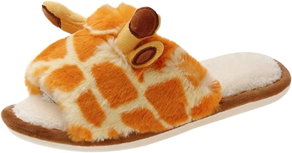 女性用 おもしろキリン カートゥーンスリッパ 毛皮のようなフラシ天 暖かい裏地 滑り止め ハウスシューズ オープントゥ 軽量 屋内