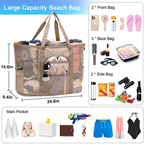 Eslcorri Mesh Beach Tote - Extra Large Beach Bag with 11 Pockets Foldable Tote Bag Women Oversized Pool Bag Travel Essentials4