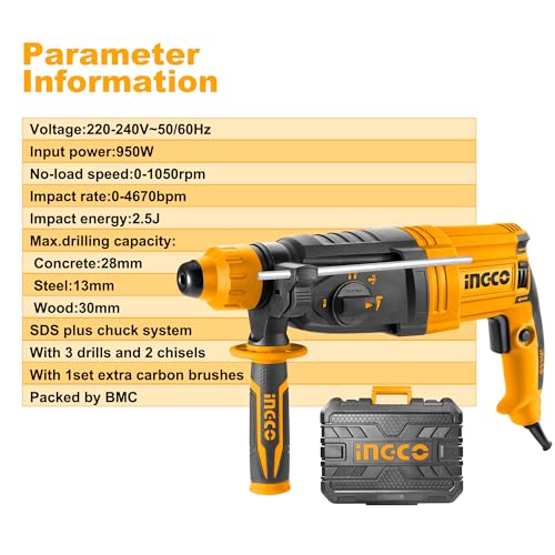 Image of INGCO Corded Rotary Hammer 950W, 2.5J, 1050RPM, 4IN1 Function, SDS Plus Chuck System, 28mm in Concrete, Electric Hammer Drill With 3Pcs Drills, 2Pcs Chisels, Packed by Carrying Case