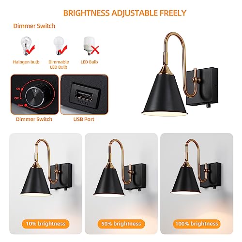 Image of Plug in Sconce with Dimmable Switch and USB Port, Vintage Adjustable Lighting Angle Wall Lamp,Black Industrial Bedside Light for Bedroom, Living Room and Hotel