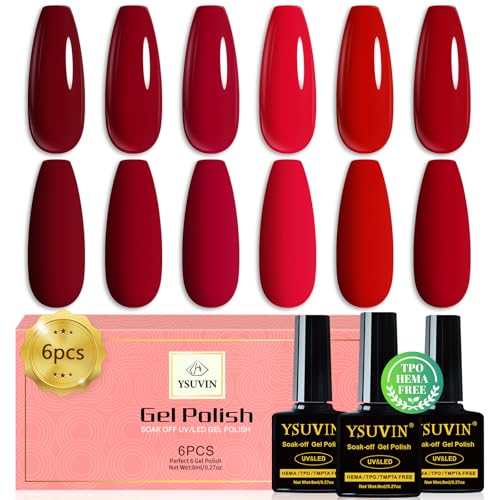 YSUVIN Esmaltes Semipermanentes, TPO-FREE HEMA-FREE, 6 Colores Rojo Esmalte de Uñas Secado Rapido Pintauñas Tradicional Gel Soak Off UV LED Kit De Manicura, 8 ML