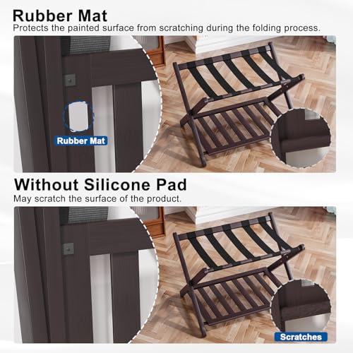 Smuxee Fully Assembled Brown Luggage Racks Pack of 2, Upgraded Bamboo Foldable Suitcase Stand with 5 Nylon Straps, Luggage Holder with Shelf for Guest Room Bedroom Hotel