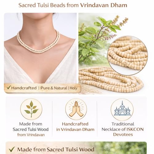 Image of Original Tulsi Mala Necklace for Men & Women | Pure Tulasi Kanthi Mala | Holy Basil Wooden Neck Chain for Meditation, Hare Krishna Devotees, Japa, Puja & Daily Spiritual Wear (White, Gol Dana, 32, Inches)