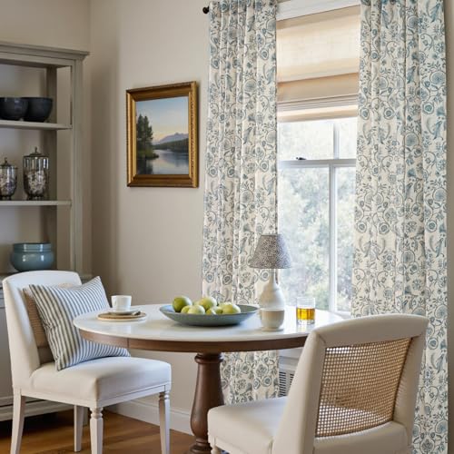 Image of jinchan Linen Floral Curtains for Living Room with Printed Flower 96 Inches Long Light Filtering Farmhouse Window Treatment Vintage Drapes Back Tab Rod Pocket 2 Panels Blue on Beige
