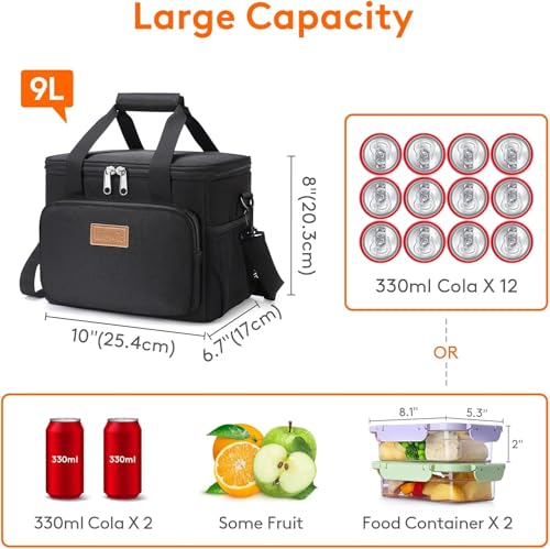 Lifewit Medium Lunch Bag Insulated Lunch Box Soft Cooler Cooling Tote for Adult Men Women, Black 12-Can (9L) - Image 6