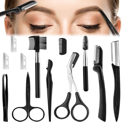 JIAMIAN Set di 6 Kit Pinzette Professionali Sopracciglia, In Acciaio Inox, Kit La Cura Delle Sopracciglia, Pinzette Forbici Coltello Sopracciglia Pettine (12Nero)