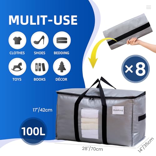 Image of TAILI Extra Large Moving Bags, 8 Pack Silver Heavy Duty Totes For Storage with Visible Window, Wrap Around Handles, Storage Bags for Space Saving, Alternative to Moving Boxes