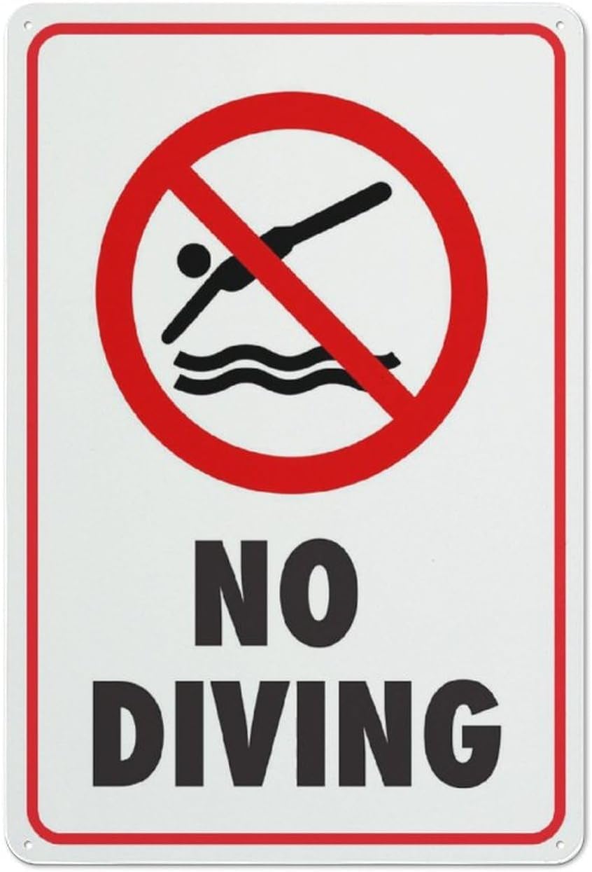 No Diving Rust Free Aluminum Sign - Pre-Drilled Holes for Fence/Door Mounting in Home/Business Pool - 12x8 Inch​