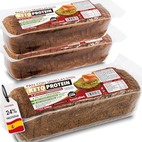 Pan de Molde con Semillas Keto 500 g – Pack de 3 – Pan Proteico Bajo en Hidratos con Proteínas y Fibra – Pan Keto Sin Azúcares Añadidos – Apto Dieta Low Carb o Keto - Ideal para Tostadas – BestDiet