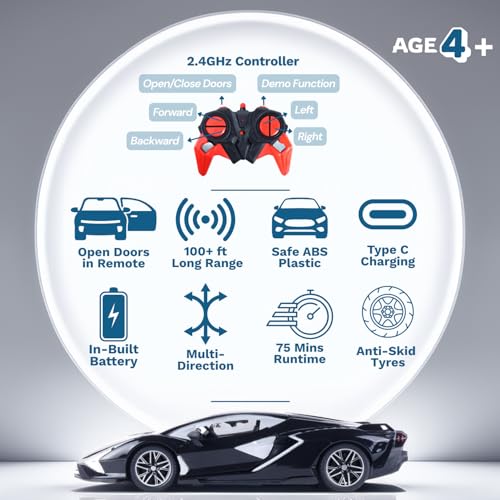 Image of Popsugar Door Opening Remote Control Car|Rechargeable 1200mAh Lithium Battery|C-Type Charging|75-Min Runtime|2.4G Long Range Remote (100+ ft)|HighSpeed RC Car|Gift for Kids|Made in India (Black)