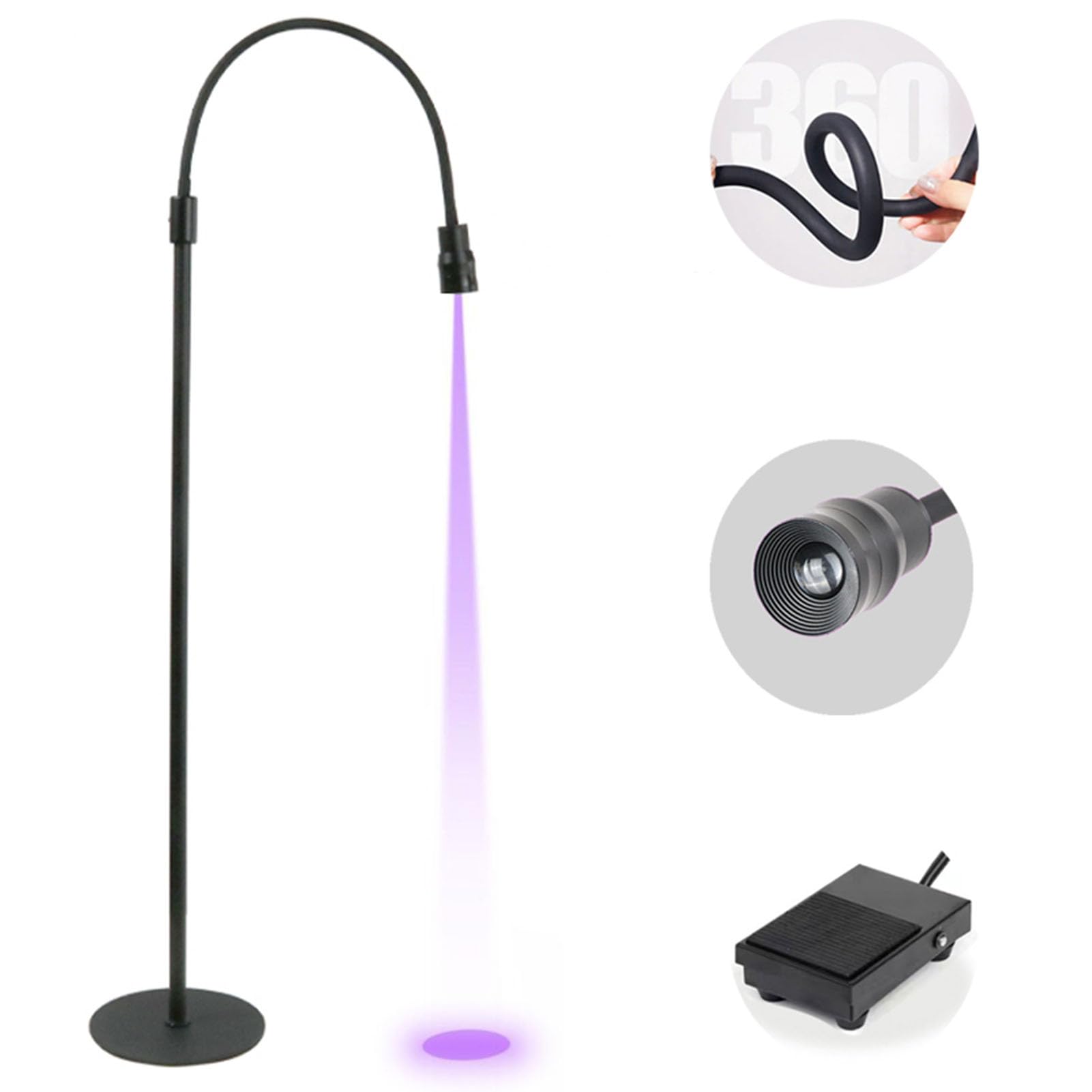 Lámpara UV para Extensiones de Pestañas, Luz UV con Control de Pedal, Luz de Uñas de Gel UV para Piso, Cuello de Cisne Giratorio de 360°, Luz de Curado de Uñas UV, Luz (Enchufe