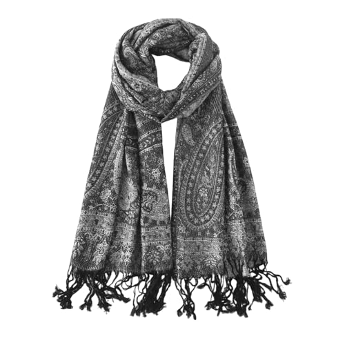 Rave Pashmina Scarf-Winter Warm Paisley Jacquard Pashmina Shawls and Wraps with Fringes(Sy3-Black Silver)