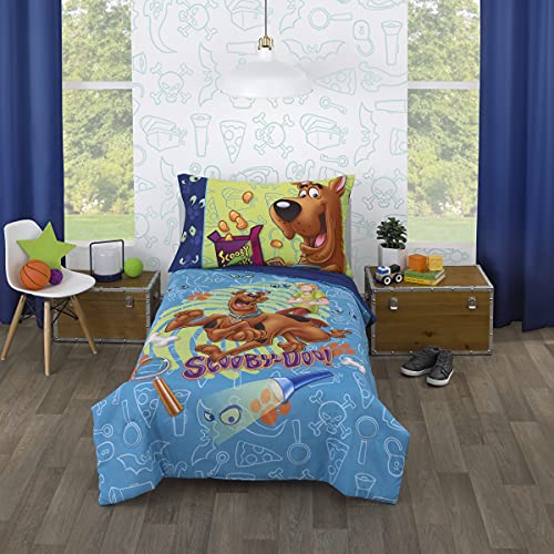 Warner Brothers Scooby Doo - Scooby Dooby Doo Blue Green Brown & Orange 4Piece Toddler Bed Set - Comforter Fitted Bottom Sheet Flat Top Sheet & Reversible Pillowcase Blue Green Brown Orange