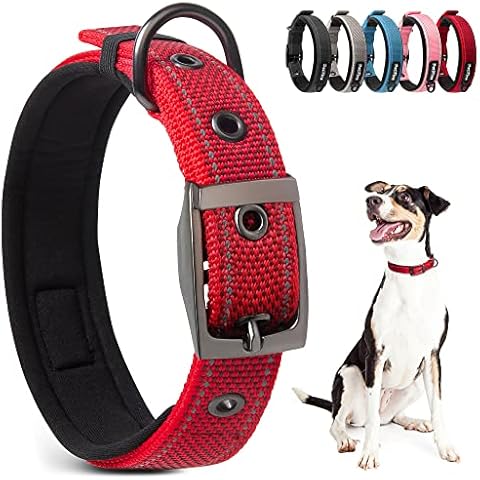 PetiFine Neoprene Padded Dog Collar, Heavy Duty Comfort Dog Collar with Durable Metal Buckle, Reflective Adjustable Belt Buckle Dog Collars for Small Medium Large Dogs(19''-23'', Red) Cover