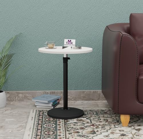 Image of MTANK Adjustable Nightstand with Round Top | Modern C-Shaped Bedside Table for Bedroom | Height Adjustable Wooden Side Table for Bed & Sofa | Multipurpose End Table |(White & Black)|