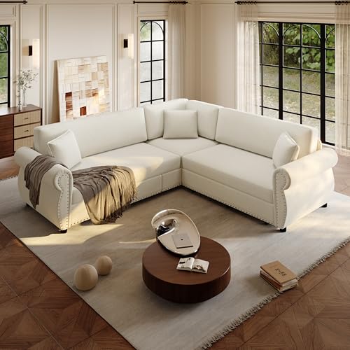 Image of KCGKCG 88.2 inch Sleeper Sofa Bed, Sectional Couches for Living Room /Apartment, Chenille L Shaped Couch with Pull Out Couch Bed, Convertible Sectional Sofa with Rolled Arm & Nailhead Trim, Beige