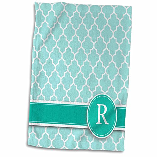3D Rose Letter R Aqua Blue Quatrefoil Pattern Teal Turquoise Mint Monogrammed Personal Initial Towel, 15