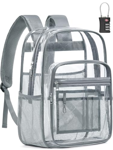 QOECI Clear Backpack Heavy Duty With A TSA Lock, 18 Inch Large Clear Back pack, Transparent See Through Bookbag for College, Work, Travel, Sport- Light Grey