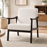 Hjaustevy Mid Century Modern Accent Chair - Comfy Upholstered Armchair with Breathable Linen Fabric & Solid Rubberwood Frame - Retro Lounge Chair Living Room Chairs for Bedroom, Small Spaces,Beige