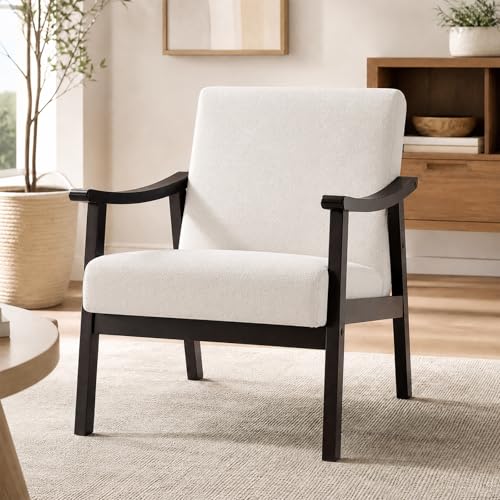 Hjaustevy Mid Century Modern Accent Chair - Comfy Upholstered Armchair with Breathable Linen Fabric & Solid Rubberwood Frame - Retro Lounge Chair Living Room Chairs for Bedroom, Small Spaces,Beige