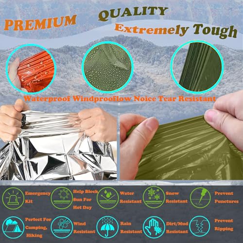 Image of 4X Survival Gear kit, Emergency Poncho (2pc), Emergency Space Blanket (2pc), Mylar Liner - Retains 92% Body Heat, for Outdoors, Hiking, Camping, Bug Out Bag, Marathons or First Aid, Car (Green)