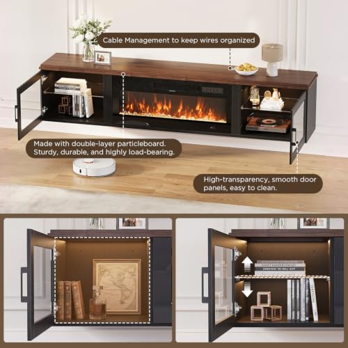 Image of 80 inch Floating TV Stand with Fireplace, High Gloss Finish Wall Mounted Fireplace Entertainment Center with Storage for TVs Up to 90 inch, Brown & Black and WI-FI Enabled