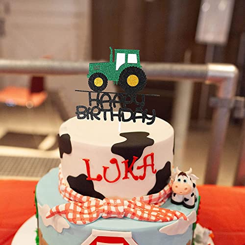 Farm Tractor Cake Topper And Cupcakes Toppers, Green And Black Glitter Tractor Cake Topper And 4 Color Tractor Cupcake Toppers For Boys Girls Farm Animal Tractor Birthday Party Supplies #TOP4