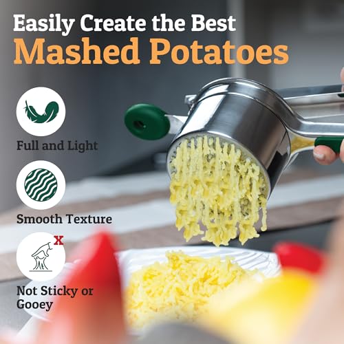 Image of PriorityChef Large 15oz Potato Ricer, Heavy Duty Stainless Steel Potato Masher and Ricer Kitchen Tool, Press and Mash Kitchen Gadget For Perfect Mashed Potatoes - Everytime, Green