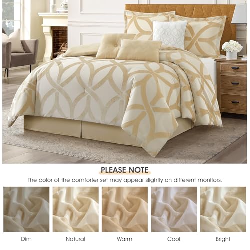 Image of LANCO MODERN LIFESTYLE 7 Piece Gold Comforter Set, California King, Jacquard Geometric Pattern, Bed in a Bag, Cut Velvet Luxury Bedding All Seasons with Pillow Shams, Decorative Pillows and Bed Skirt
