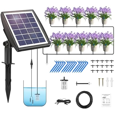 Solar Drip Irrigation System, Automatic Irrigation System for Garden, Solar Powered Auto DIY Plant Watering Devices, Vacation Plant Watering System, 6 Timing Modes with Anti-Siphoning Device Cover