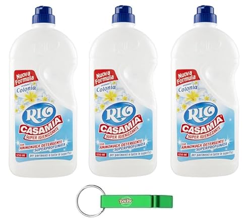 3x Rio Casa Mia - Super Igiene con Ammoniaca - Profumo Colonia - Detergente per Pavimenti e Superfici 1250ml + Portachiavi Beni Culinari in Omaggio